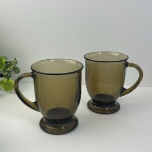 Anchor Hocking Cafe Mocha Mug 2pc Set Footed Glassware Coffee Tea Brown Amber